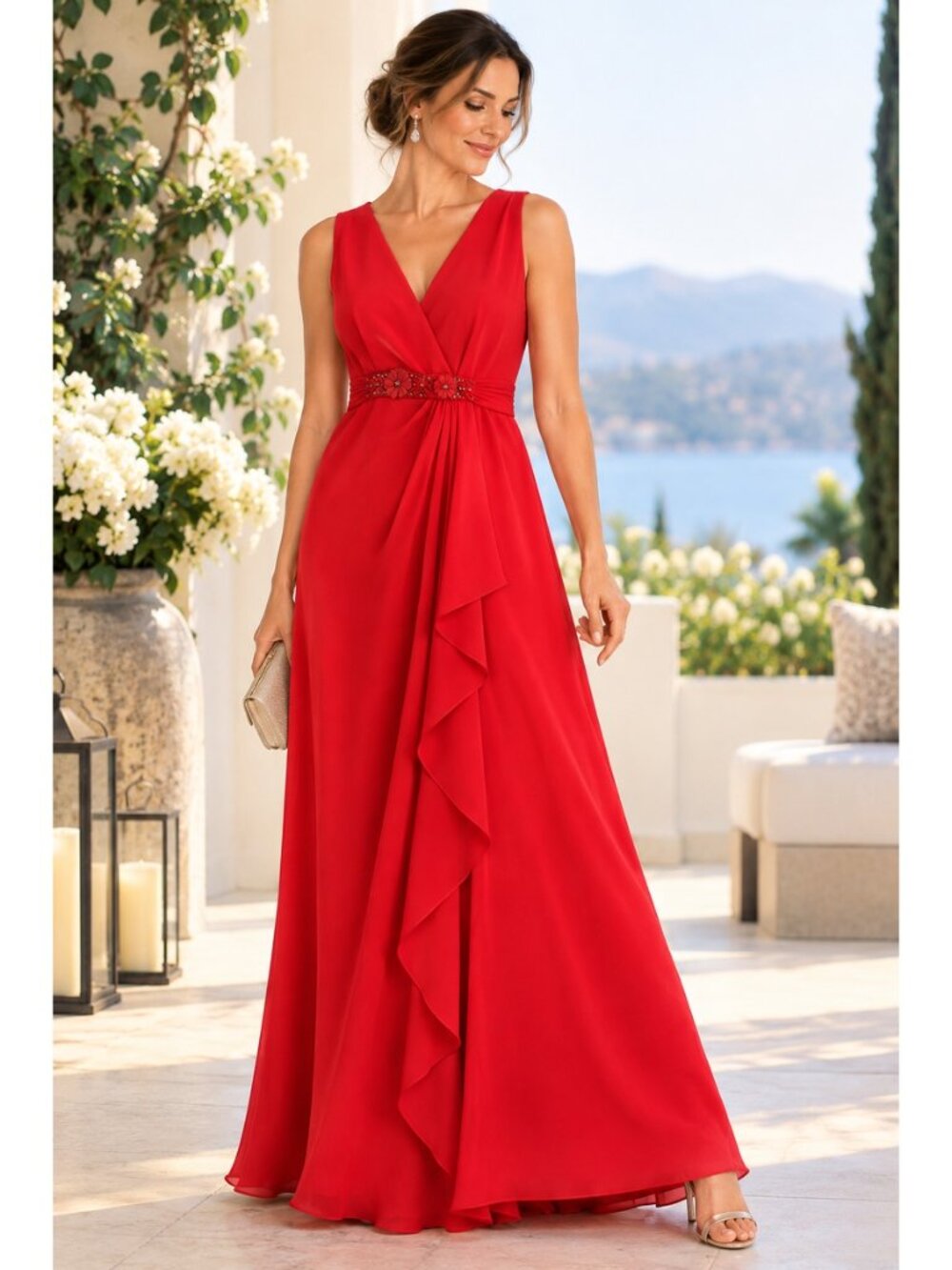 Badgley Mischka Collection Red Embellished Draped Formal Gown Size 10